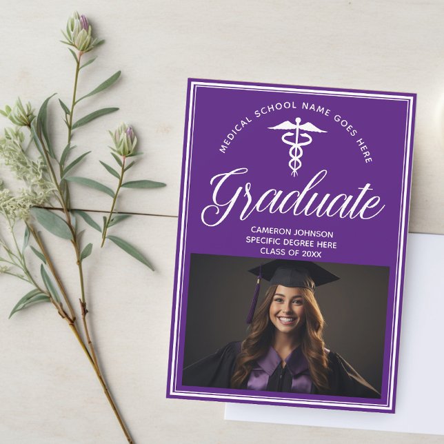 Purple White Medical School Photo Graduation Announcement (Creator Uploaded)