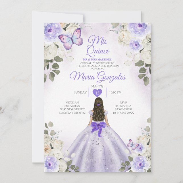 Purple & White Mis Quince 15 Anos Silver Crown Invitation (Front)