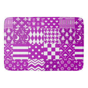 Purple White Mixed Patterns Patchwork Design Bath Mat