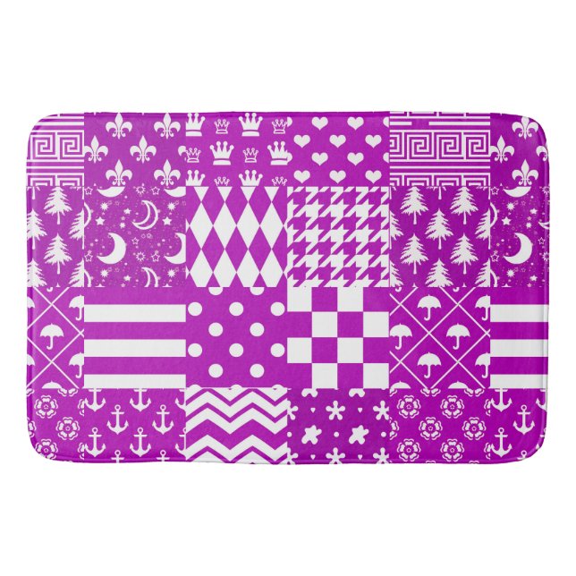 Purple White Mixed Patterns Patchwork Design  Bath Mat (Front)