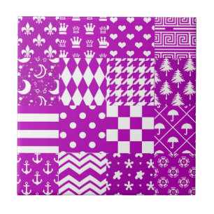 Purple White Mixed Patterns Patchwork Design  Ceramic Tile