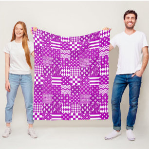 Purple White Mixed Patterns Patchwork Design  Fleece Blanket