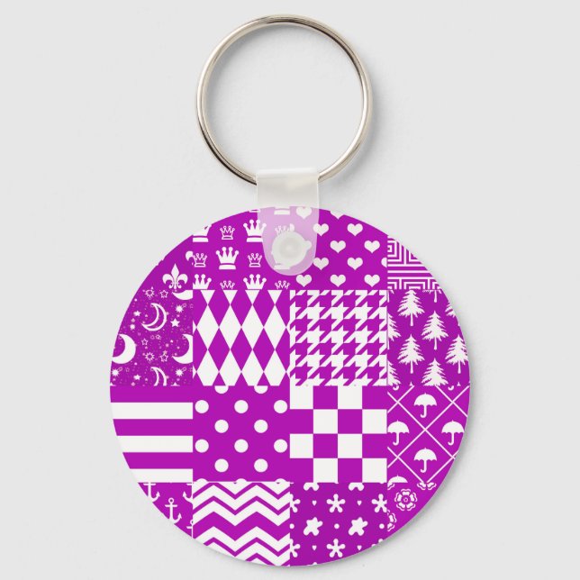 Purple White Mixed Patterns Patchwork Design  Key Ring (Front)