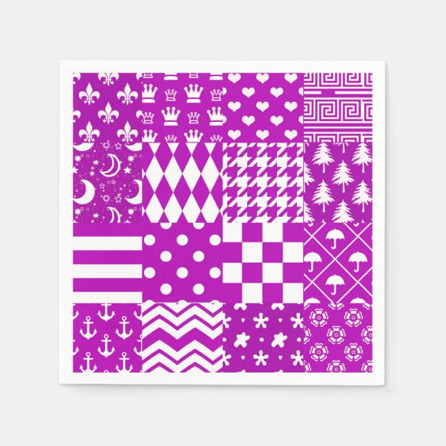 Purple White Mixed Patterns Patchwork Design  Napkin (Front)