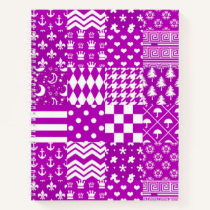 Purple White Mixed Patterns Patchwork Design Notebook