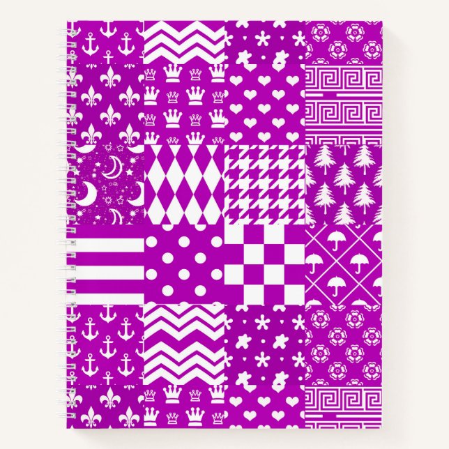Purple White Mixed Patterns Patchwork Design  Notebook (Front)