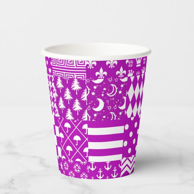 Purple White Mixed Patterns Patchwork Design  Paper Cups (Front)