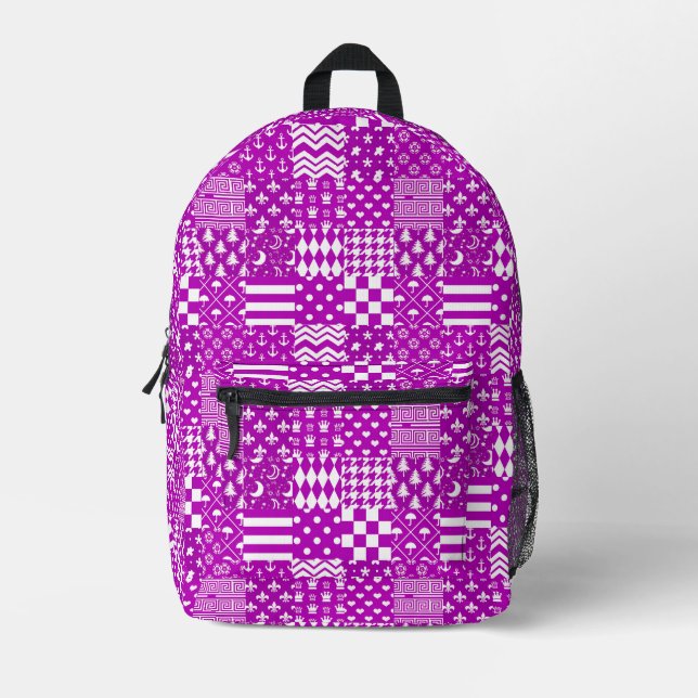 Purple White Mixed Patterns Patchwork Design  Printed Backpack (Front)