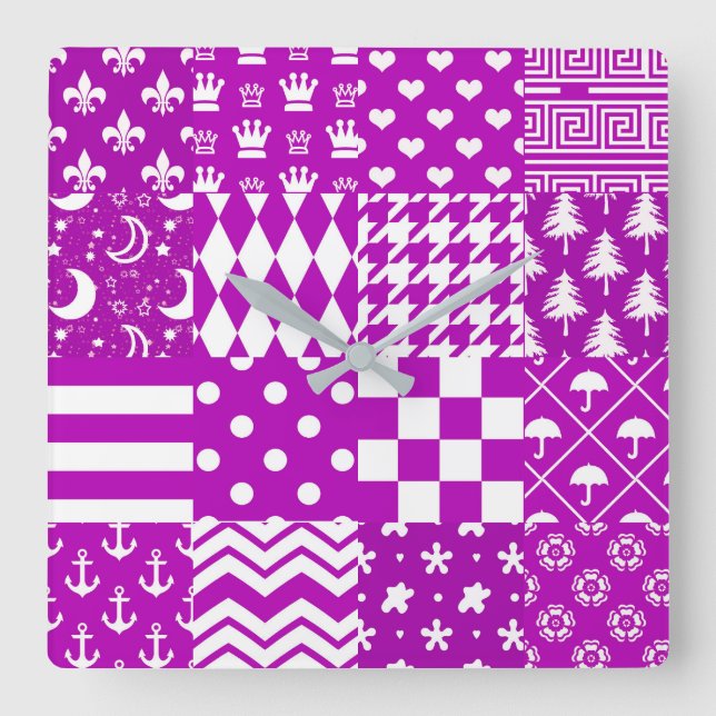 Purple White Mixed Patterns Patchwork Design  Square Wall Clock (Front)