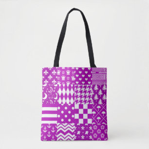 Purple White Mixed Patterns Patchwork Design Tote Bag