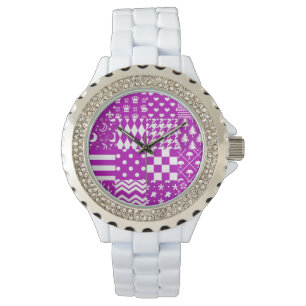 Purple White Mixed Patterns Patchwork Design  Watch