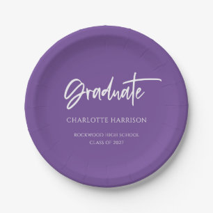 Purple White Modern Script Graduation Party Paper Plate