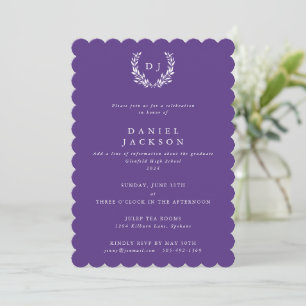 Purple + White Monogram Laurel Wreath Graduation Invitation