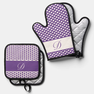 Purple & White Monogrammed Polka-Dot Oven Mitt & Pot Holder Set