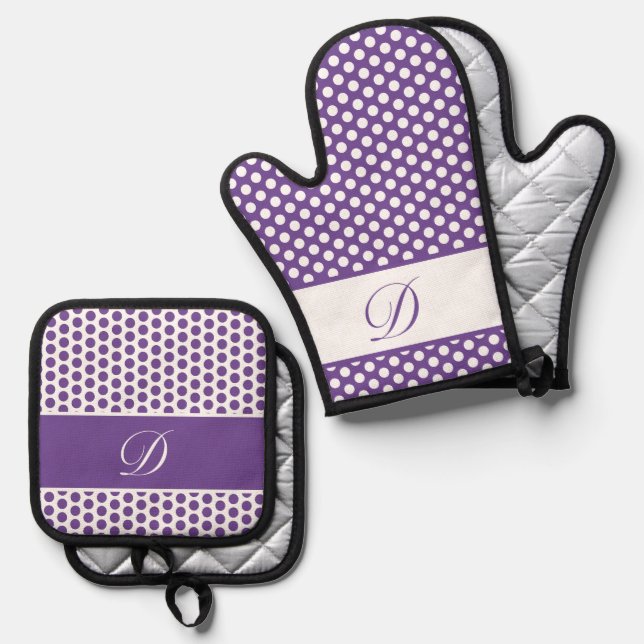 Purple & White Monogrammed Polka-Dot Oven Mitt & Pot Holder Set (Front/Back)