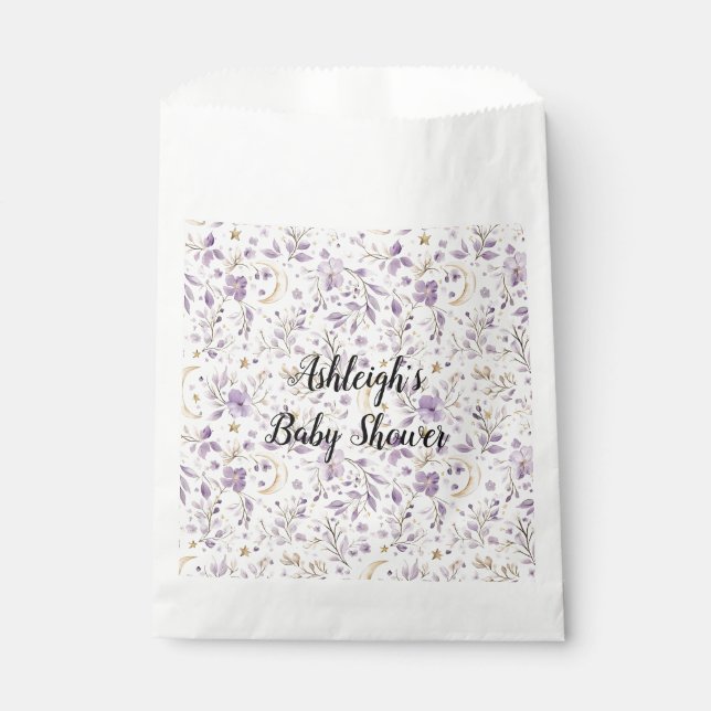Purple White Moons & Stars Floral Baby Shower Favour Bag (Front)