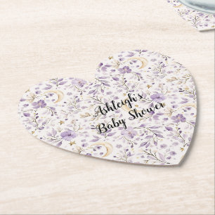 Purple White Moons & Stars Floral Baby Shower Paper Coaster