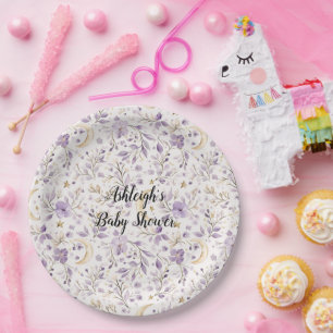 Purple White Moons & Stars Floral Baby Shower Paper Plate