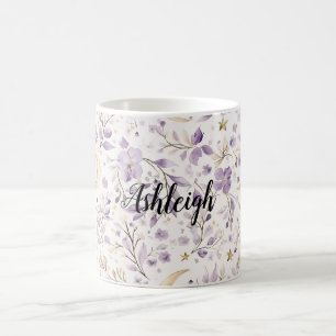 Purple White Moons & Stars Floral Coffee Mug