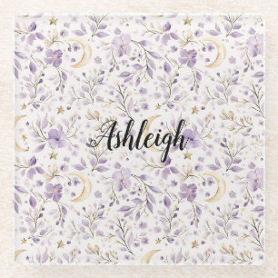 Purple White Moons & Stars Floral Glass Coaster