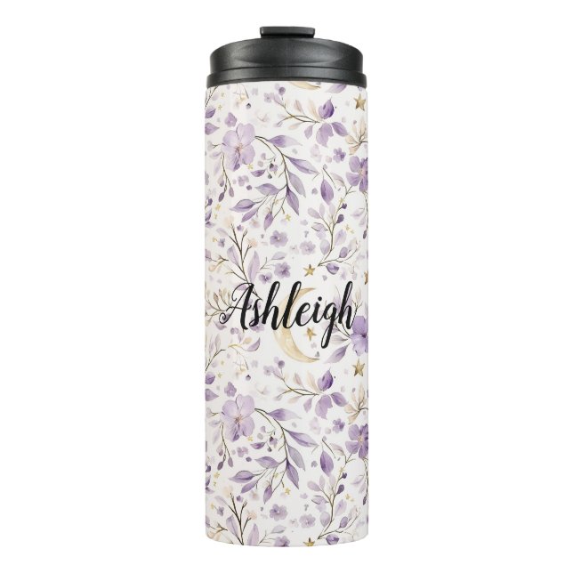 Purple White Moons & Stars Floral Thermal Tumbler (Front)