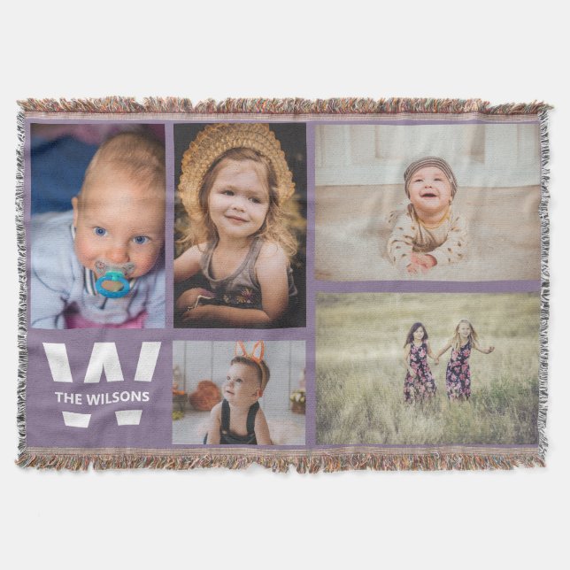 Purple White Multiple Photos Custom Monogram Throw Blanket (Front)