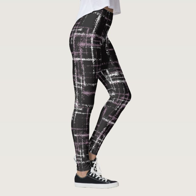 Purple white on black spattered airbrushed squares leggings (Right)