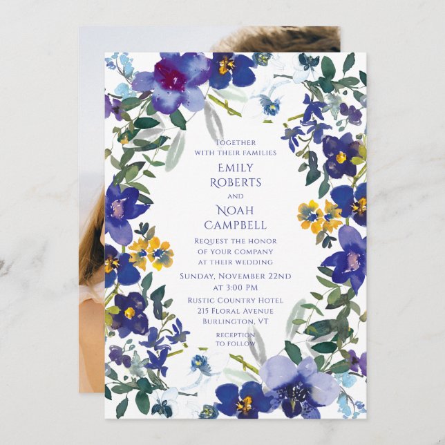 Purple & White Orchid Watercolor Floral Wedding Invitation (Front/Back)