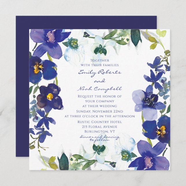 Purple & White Orchid Watercolor Floral Wedding Invitation (Front/Back)