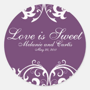 Purple White Ornate Love Is Sweet Classic Round Sticker