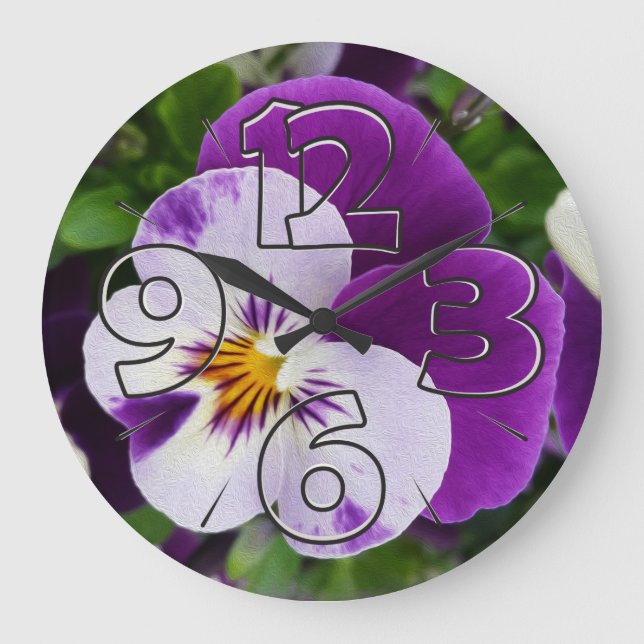 Purple white pansies large clock (Front)