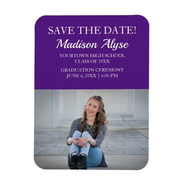 Purple White Photo Graduation Save the Date Magnet (Vertical)