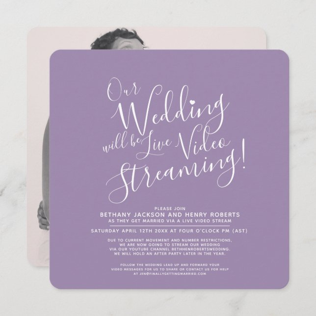 Purple white photo live streaming wedding invitation (Front/Back)