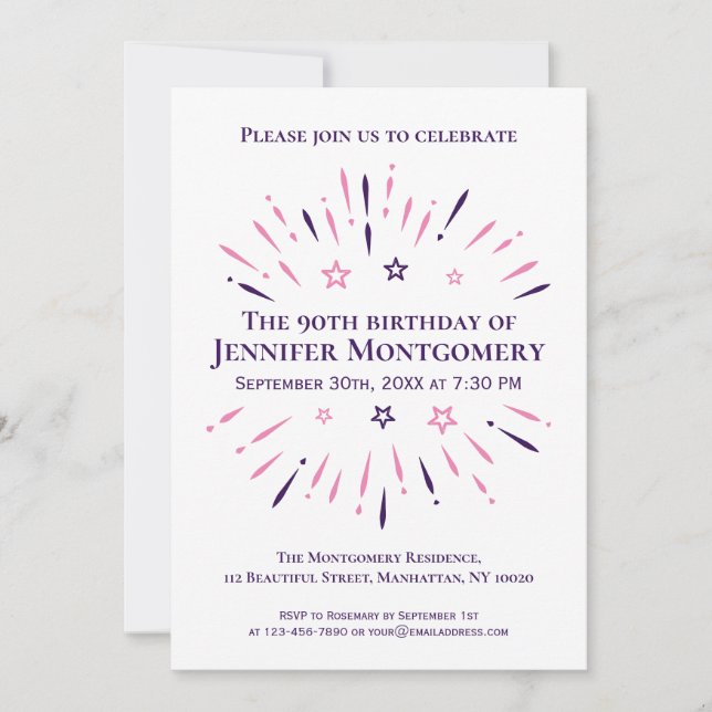 Purple White Pink 90th Birthday Party Fireworks Invitation (Front)