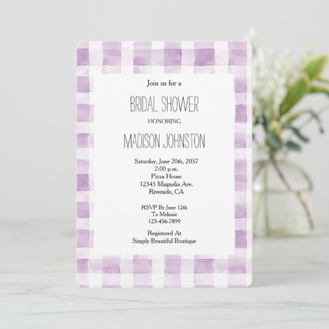 Purple White Plaid Stripes Bridal Shower Invitation (Standing Front)