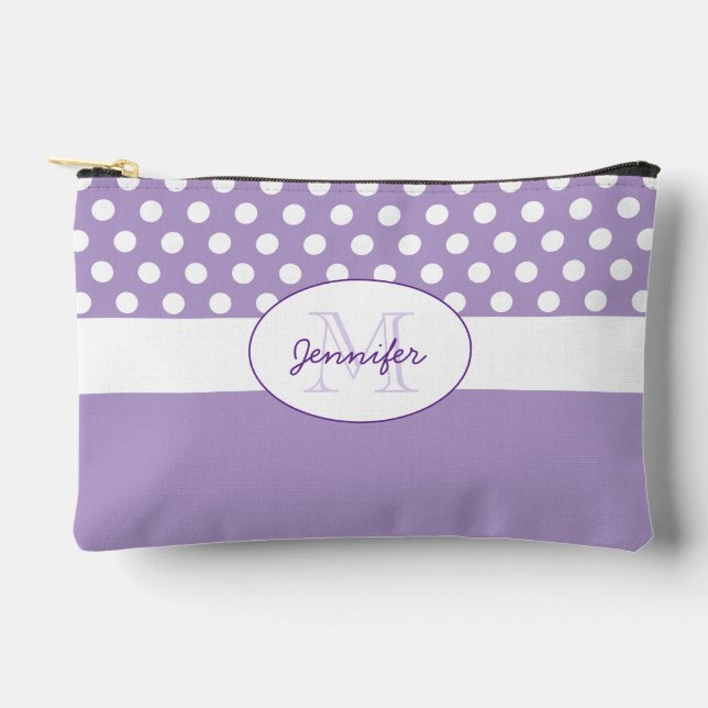 Purple White polka dots retro pattern Monogram Accessory Pouch (Front)