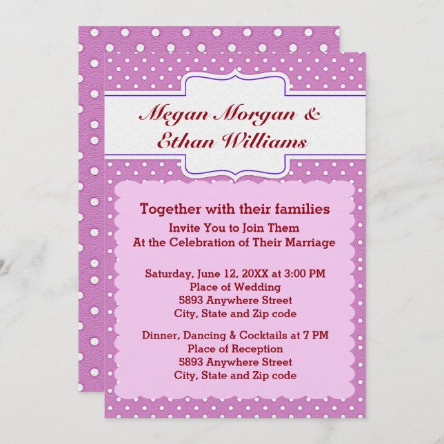 Purple & White Polka Dots Wedding Invitation (Front/Back)