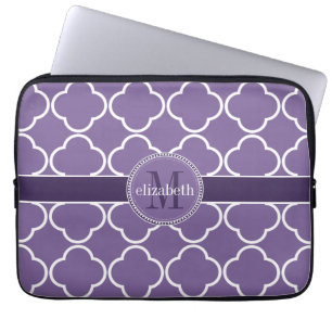 Purple White Quatrefoil Clover Monogram Laptop Sleeve