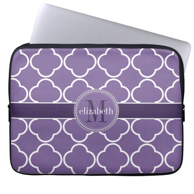 Purple | White Quatrefoil Clover Monogram Laptop Sleeve (Front)