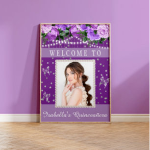 Purple White Quinceañera Photo Pearls Welcome   Poster