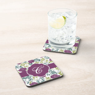 Purple & White Retro Style Roses Pattern Monogram Coaster