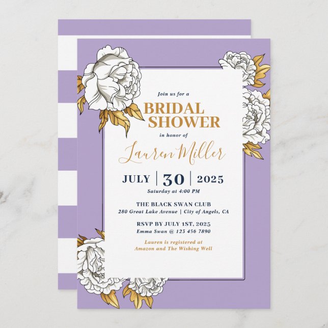 Purple White Rose Carnation Floral Bridal Shower Invitation (Front/Back)