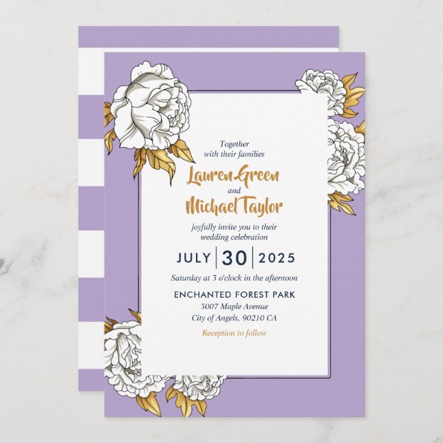 Purple White Rose Carnation Spring Floral Wedding Invitation (Front/Back)