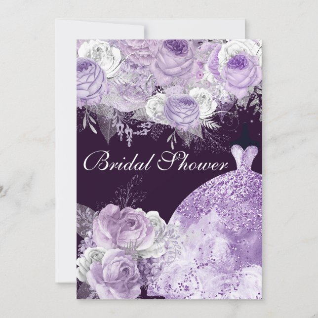 Purple & White Roses Elegant Bridal Shower Invite (Front)