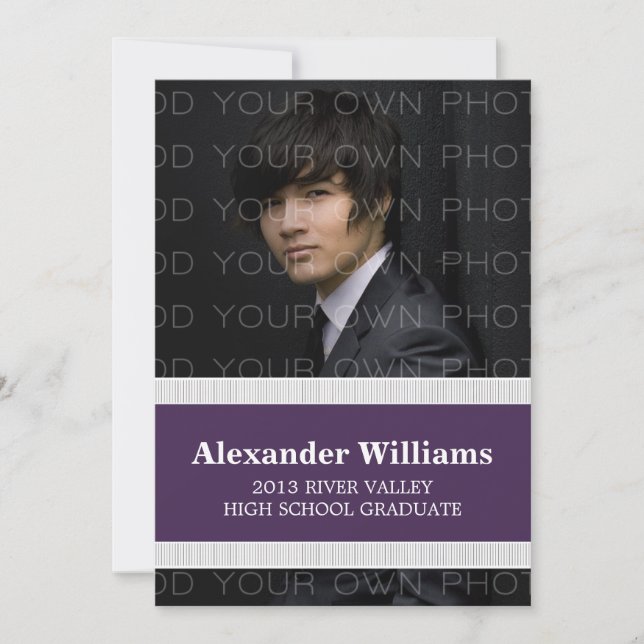 Purple/White School Colour Stripes Grad Invite (Front)