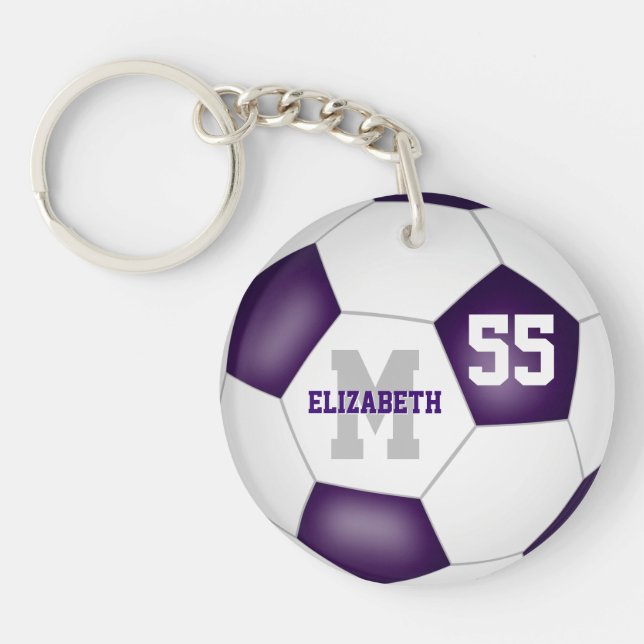 purple white school colours girls boys soccer key ring (Front)