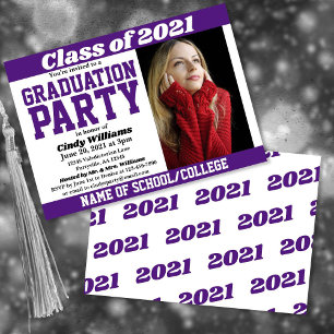 Purple White School Colours Photo Graduation Invitation