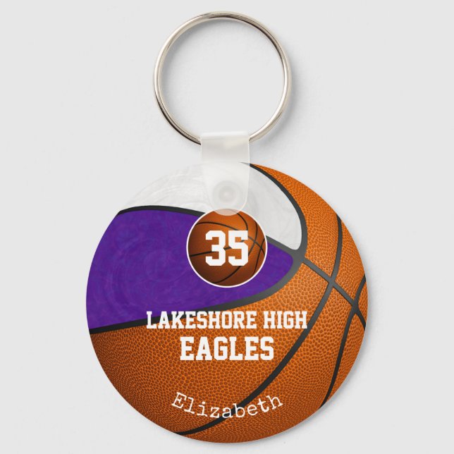 purple white school team colours girls' basketball key ring (Front)