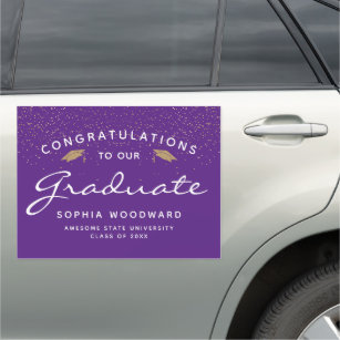 Purple White Script Gold Cap Graduation Car Magnet