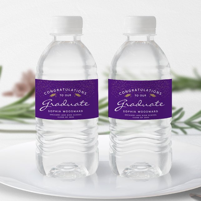 Purple White Script Gold Cap Graduation Water Bottle Label (Creator Uploaded)
